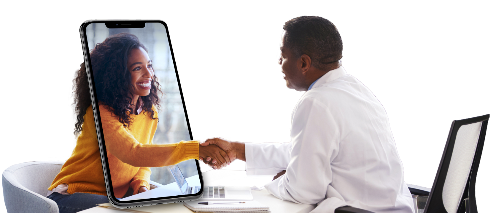 Direct Health App Patient & Doctor sharking hands through the digital healthcare ecosystem.