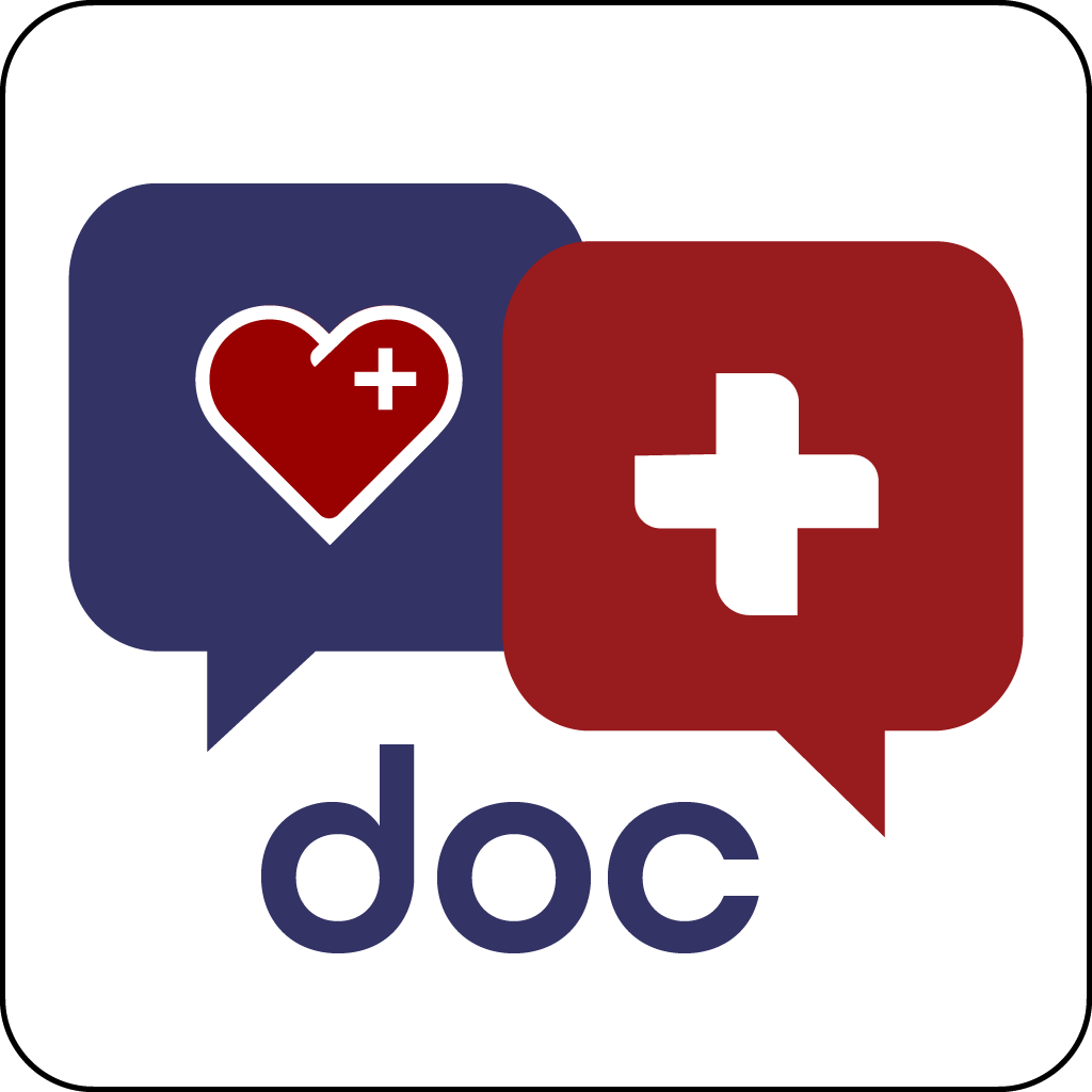 Direct Health Doc Icon. 2 Chat bubbles with a healing heart and medical cross. The word "doc" sits below.