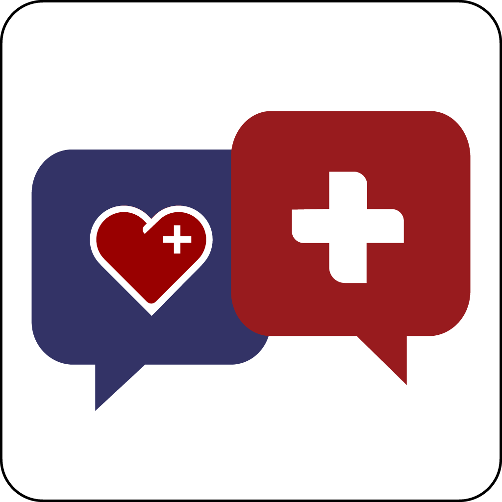 Direct Health App Icon. 2 Chat bubbles with a healing heart and medical cross.